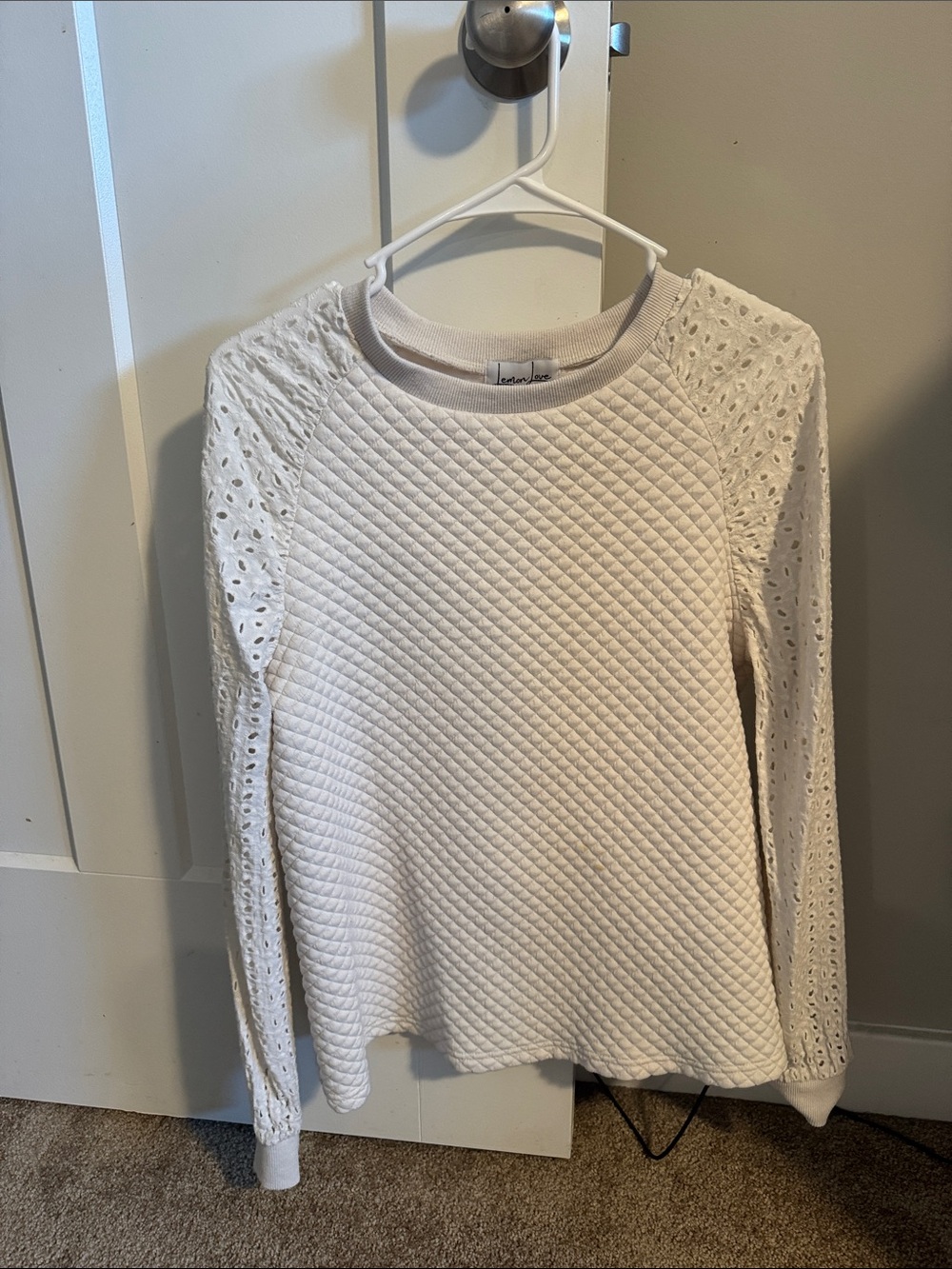 Textured Cream Eyelet Sleeve Pullover Sweatshirt